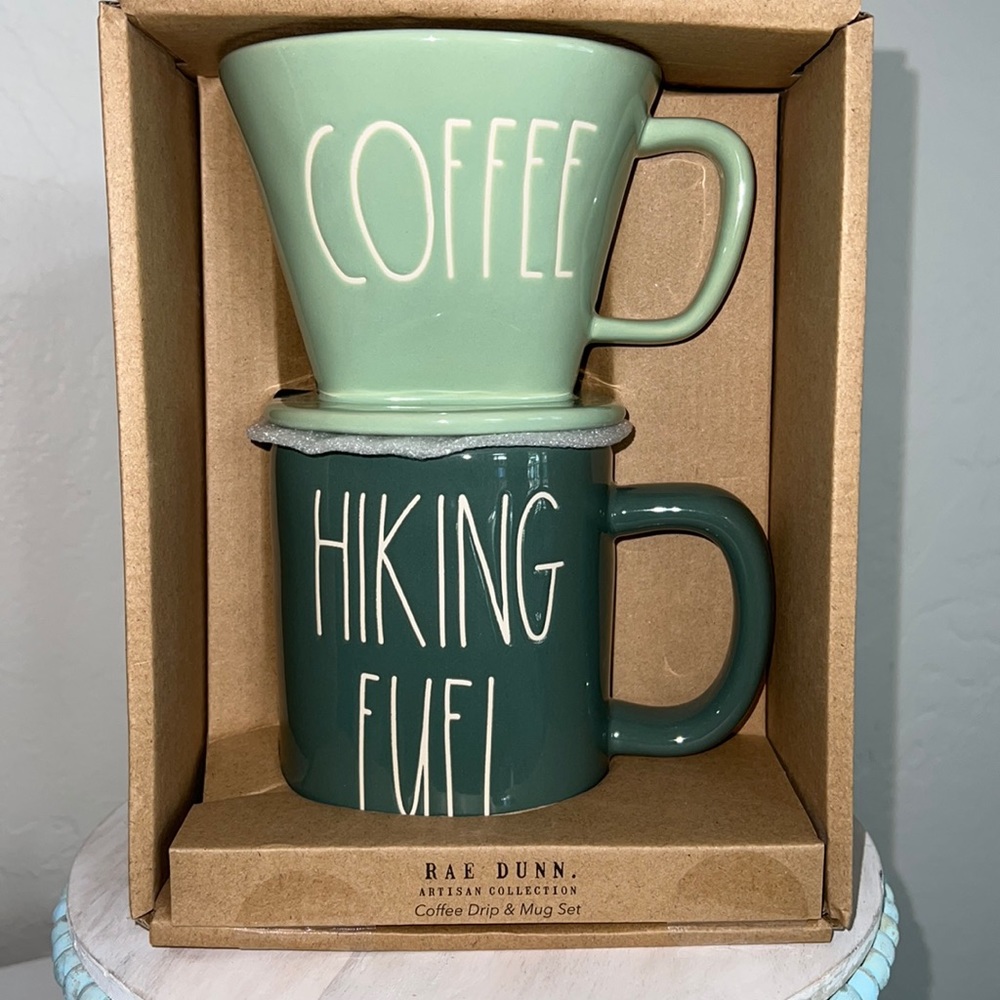 Rae Dunn artisan collection coffee drip and mug set “hiking fuel”